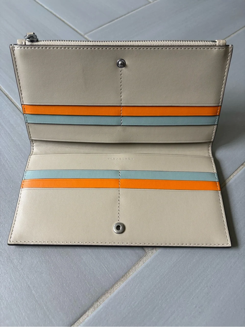 Tory Burch Blake Slim Envelope Wallet | Clay with Blue & Orange Accents